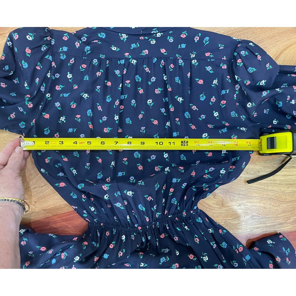 Vintage Tiger Flower Navy Blue Floral Midi Dress Elastic Waist Long Sleeve 80s - Picture 4 of 14